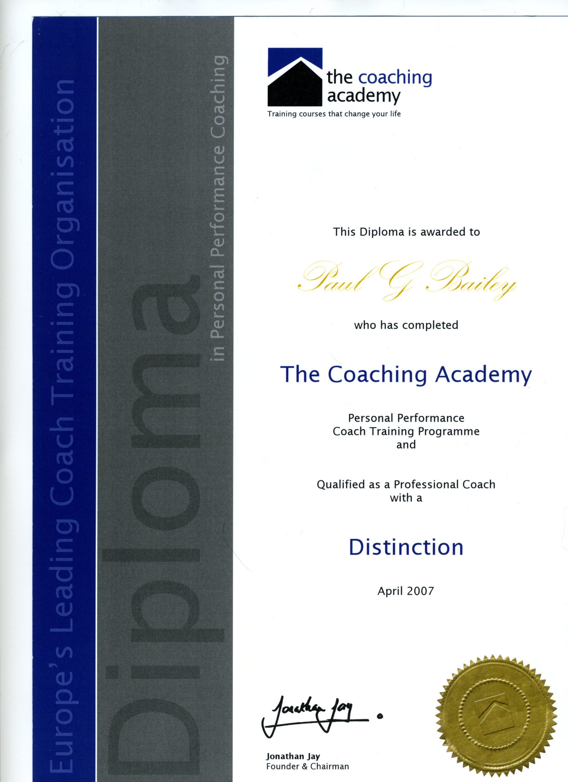 Certification of Life Coach Paul Bailey