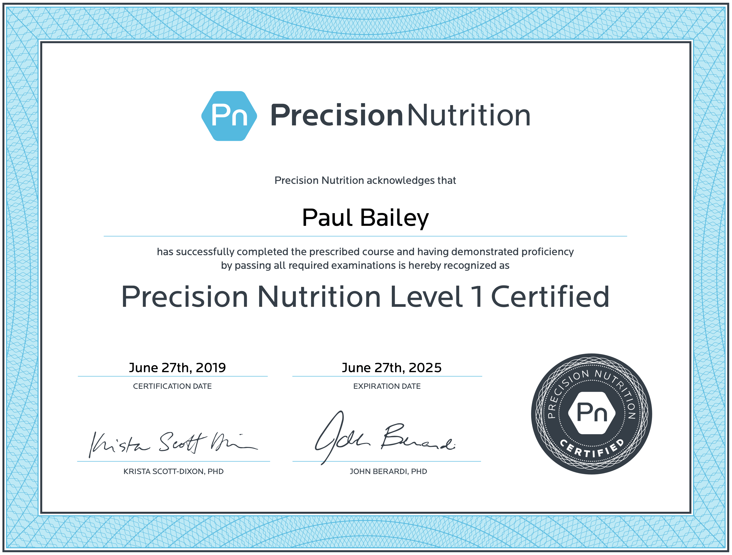 Certification of Nutrition Coach Paul Bailey
